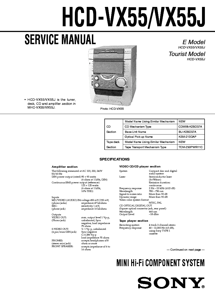 SONY HCD-VX55 VX55J SM service manual (1st page)