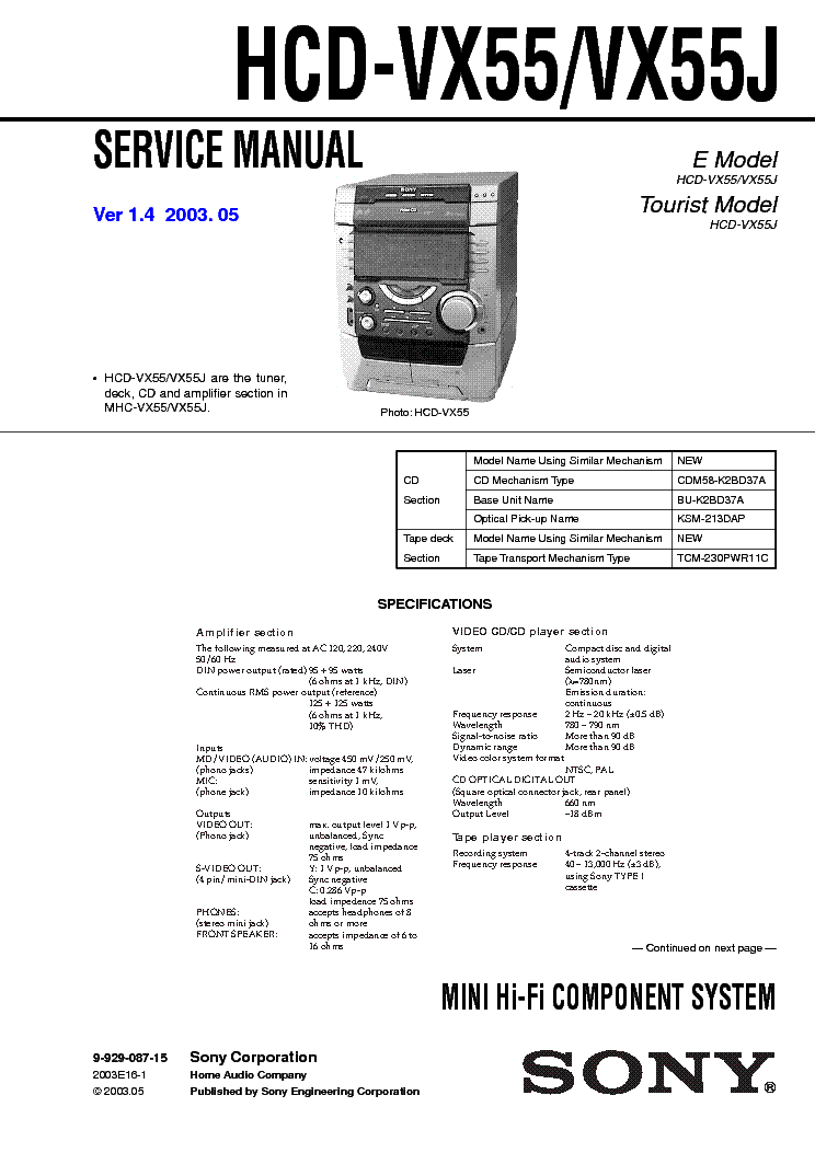 SONY HCD-VX55 VX55J VER 1.4 service manual (1st page)