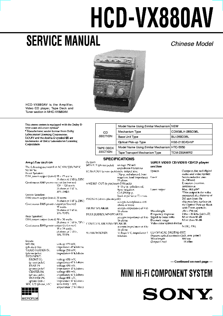 SONY HCD-VX880AV SM service manual (1st page)