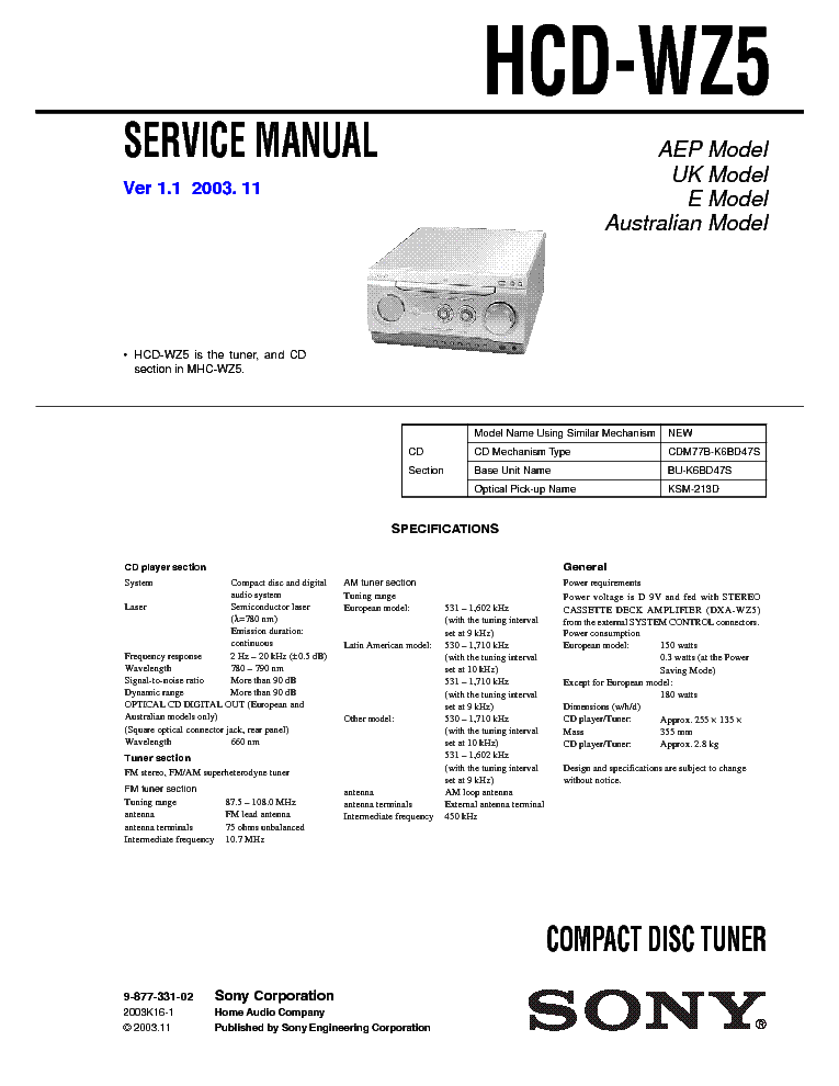 SONY HCD-WZ5 SM service manual (1st page)