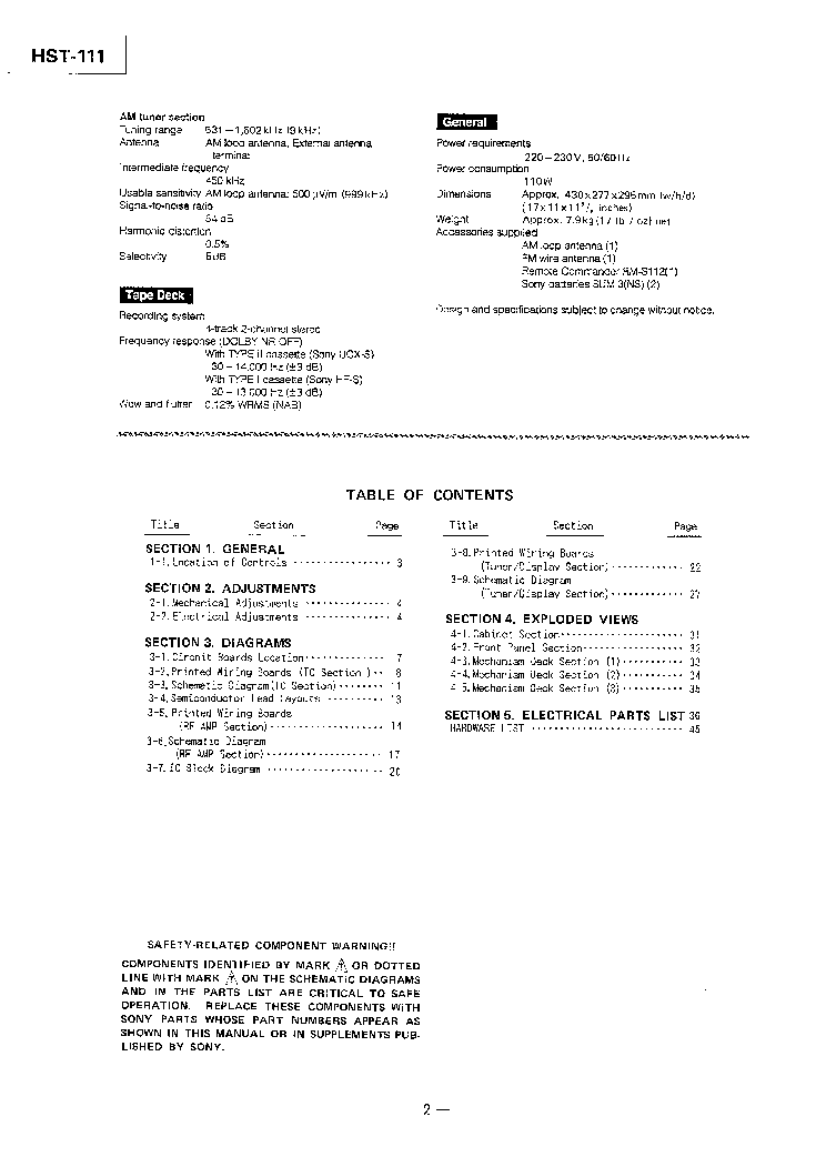 SONY HST-111 SM service manual (2nd page)