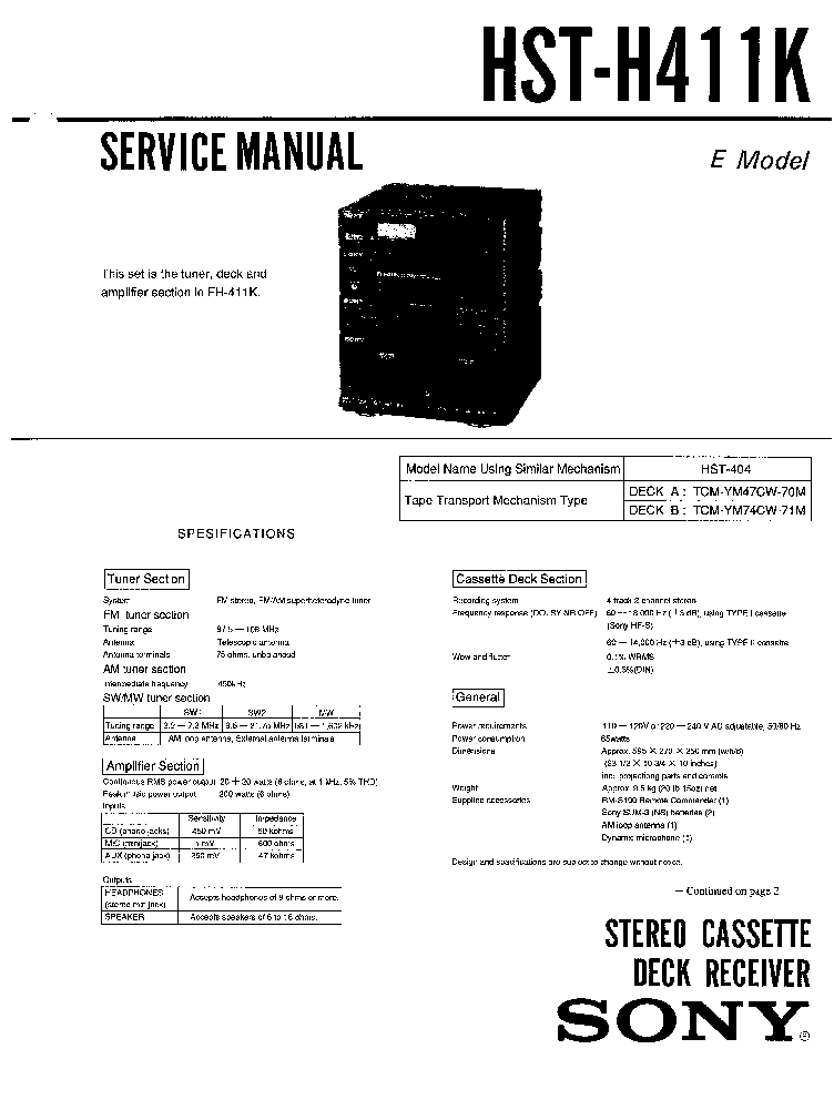 SONY HST-H411K E-MODEL service manual (1st page)