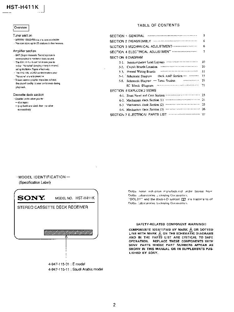 SONY HST-H411K E-MODEL service manual (2nd page)