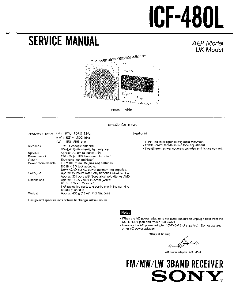 SONY ICF-480L service manual (1st page)