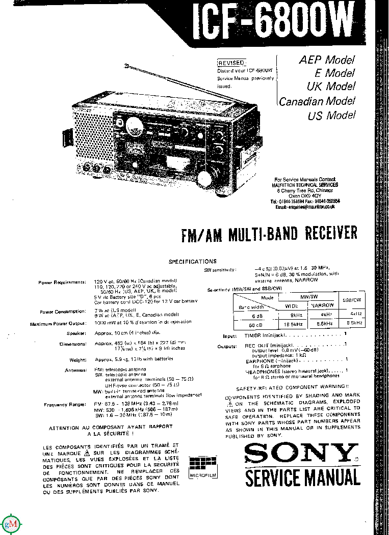 SONY ICF-6800W SM service manual (1st page)