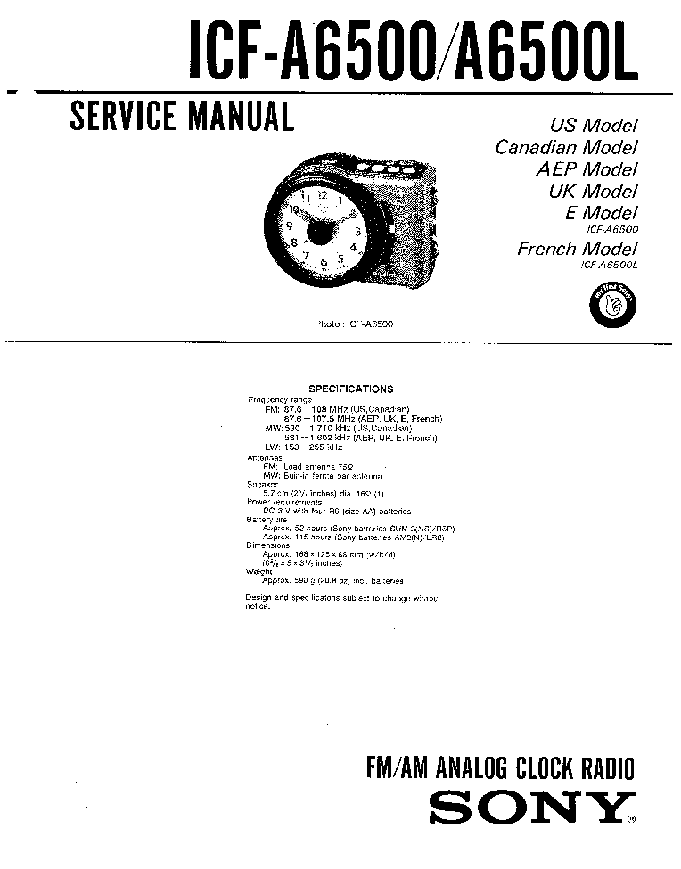 SONY ICF-A6500 A6500L SM service manual (1st page)