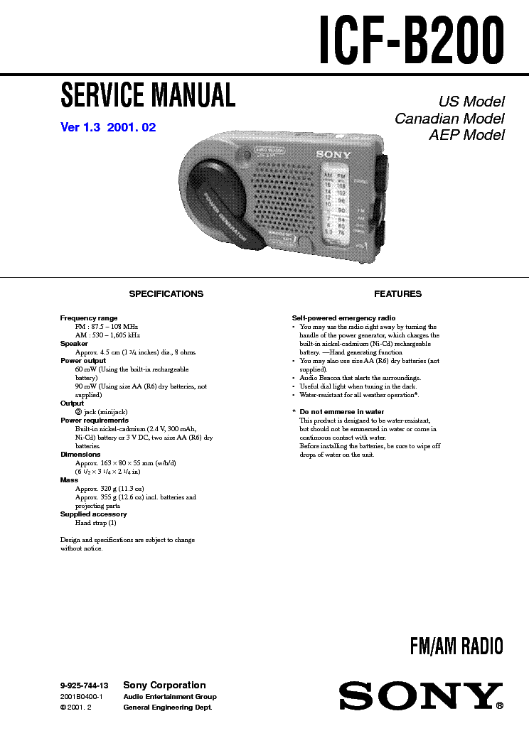 SONY ICF-B200 VER-1.3 SM service manual (1st page)