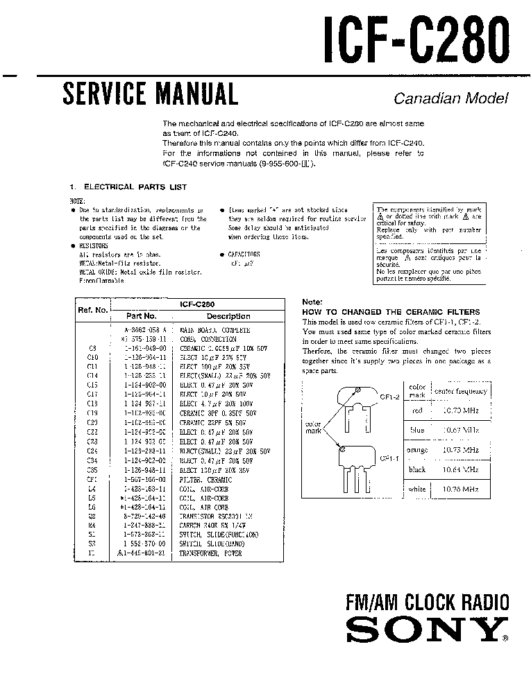 SONY ICF-C280 service manual (1st page)