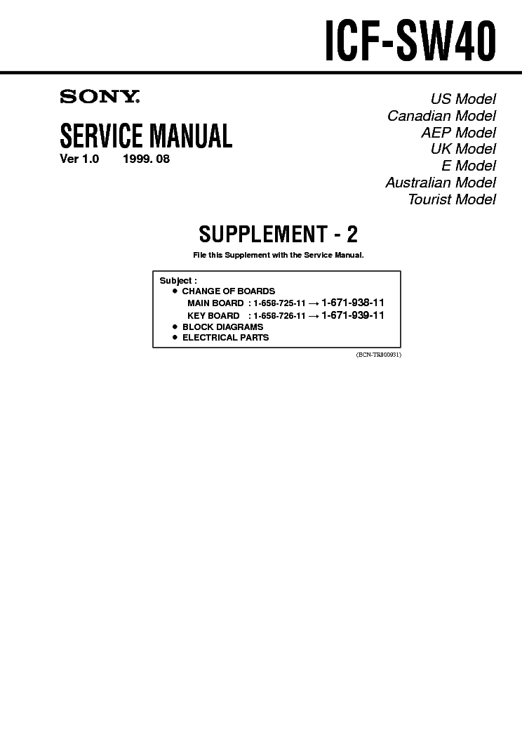 SONY ICF-SW40 VER-1.0 SM Service Manual download, schematics, eeprom,  repair info for electronics experts