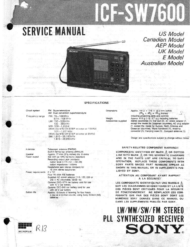SONY ICF-SW7600 AM-FM PLL STEREO SYNTHESIZER RECEIVER Service Manual