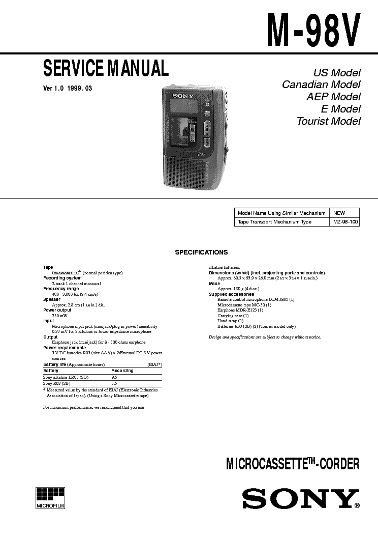 SONY M-98V VER-1.0 service manual (1st page)