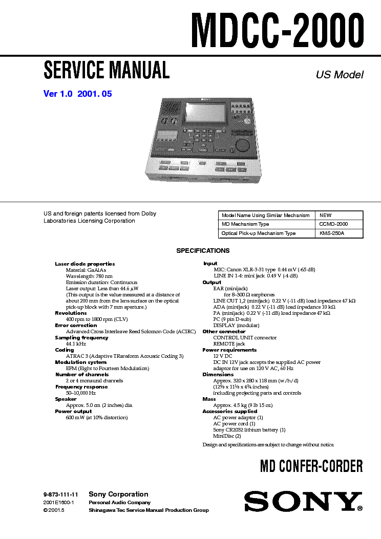 SONY MDCC-2000 VER-1.0 SM service manual (1st page)