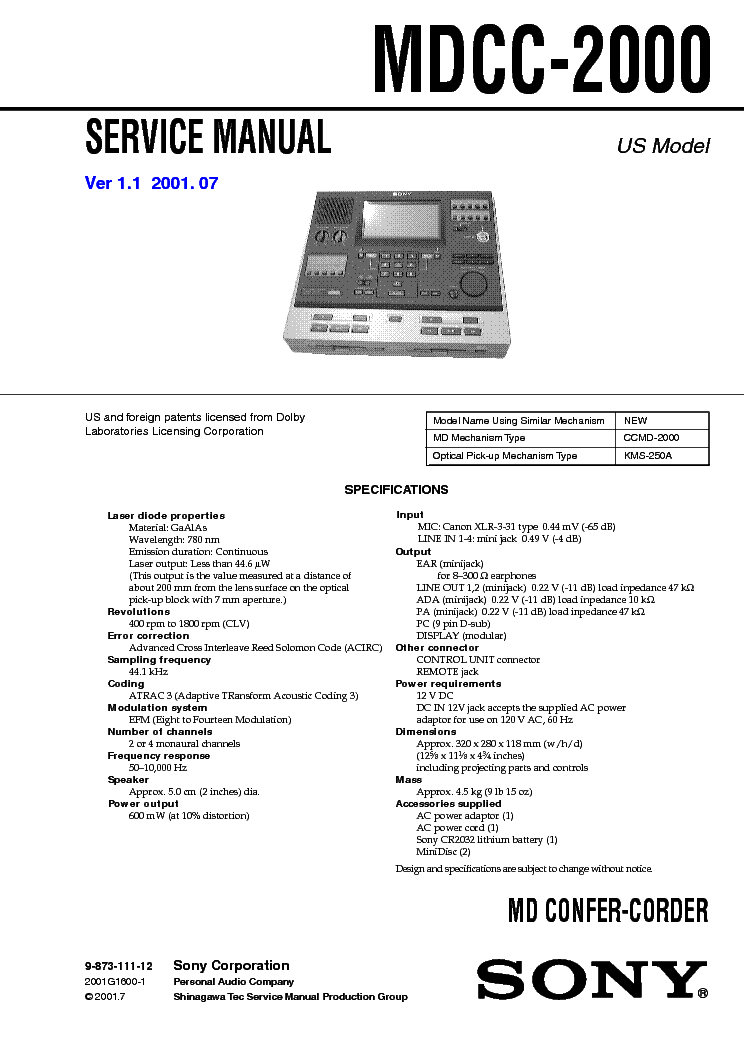 SONY MDCC-2000 VER-1.1 SM service manual (1st page)