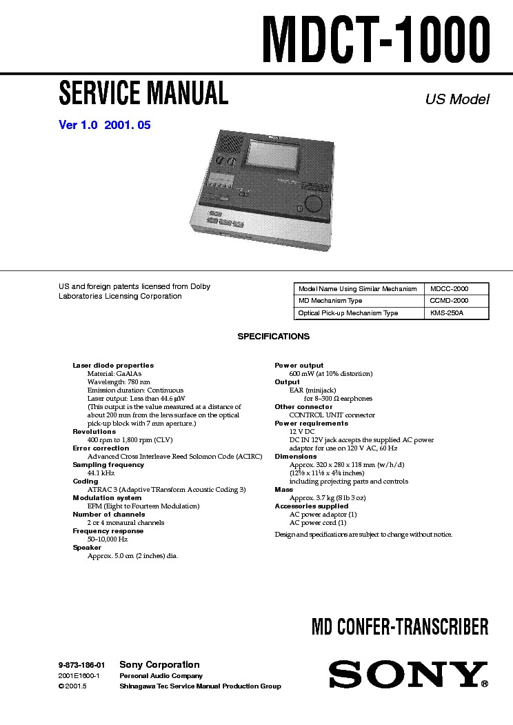SONY MDCT-1000 VER-1.0 SM service manual (1st page)