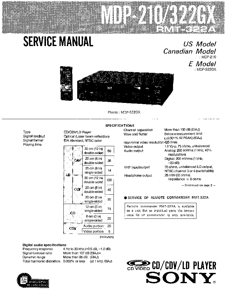 SONY MDP-210 MDP-322GX service manual