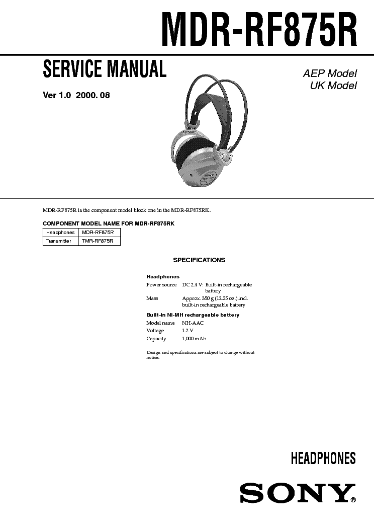 SONY MDR-RF875R SM service manual (1st page)