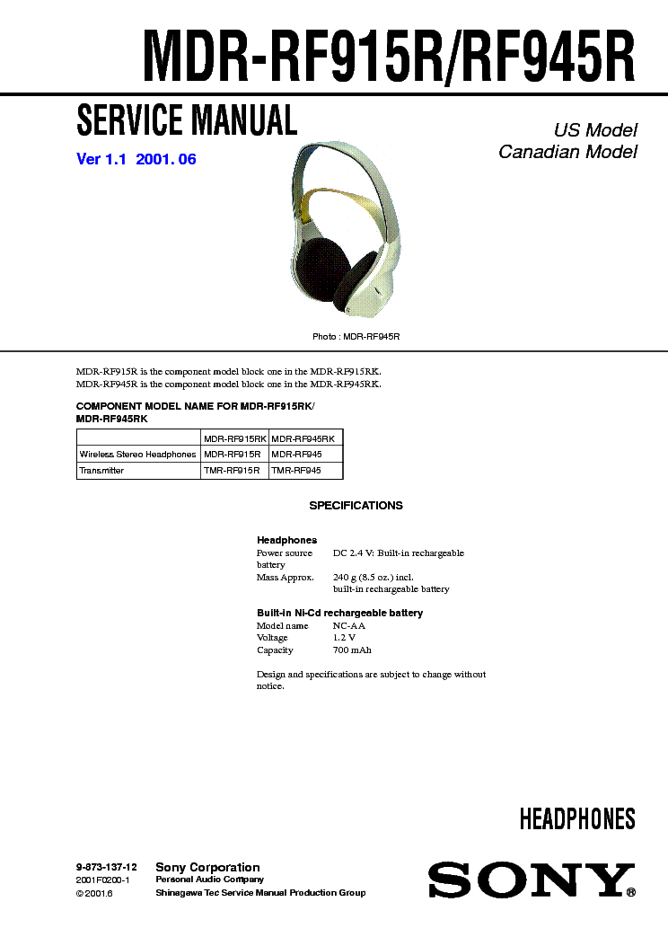 SONY MDR-RF915R-RF945R-VER1.1 service manual (1st page)