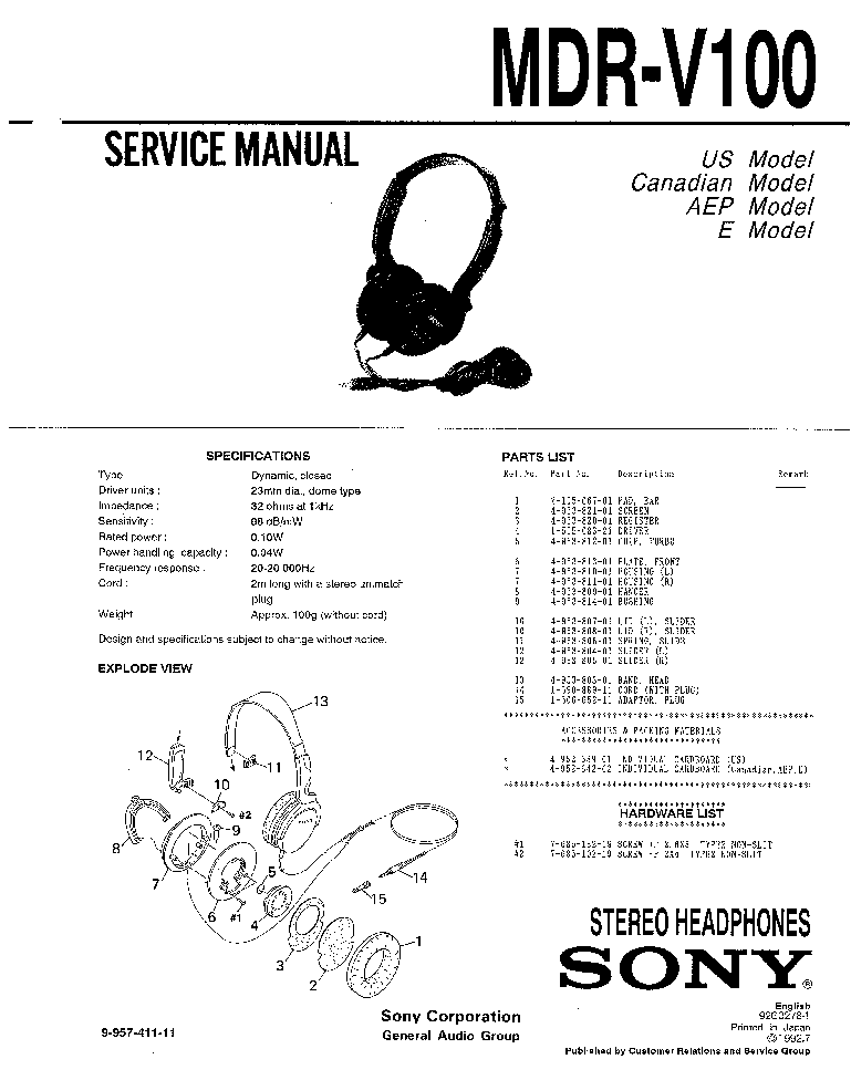 SONY MDR-V100 Service Manual download, schematics, eeprom, repair info