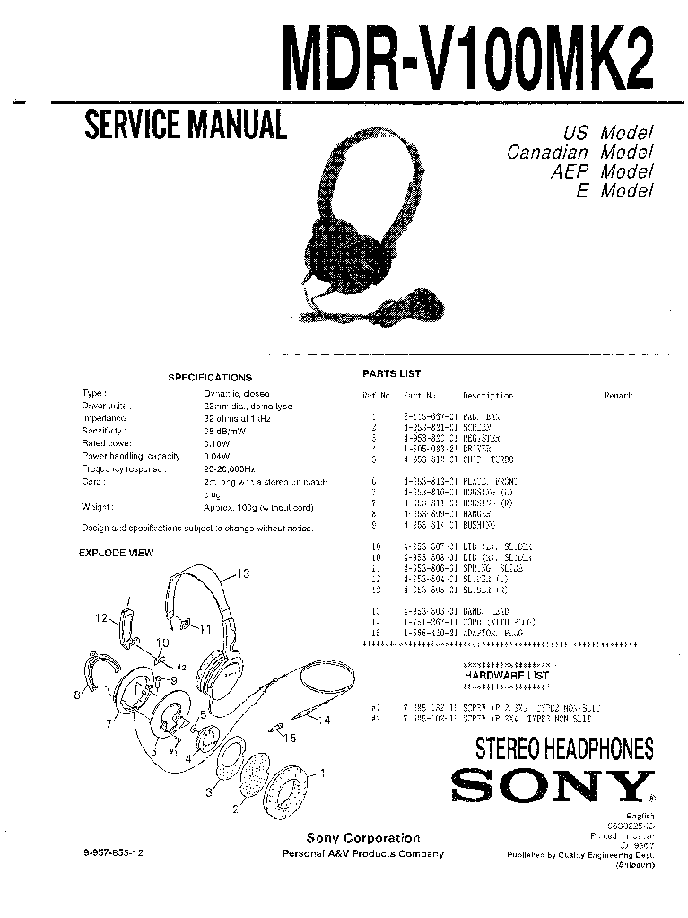 SONY MDR-V100MK2 service manual