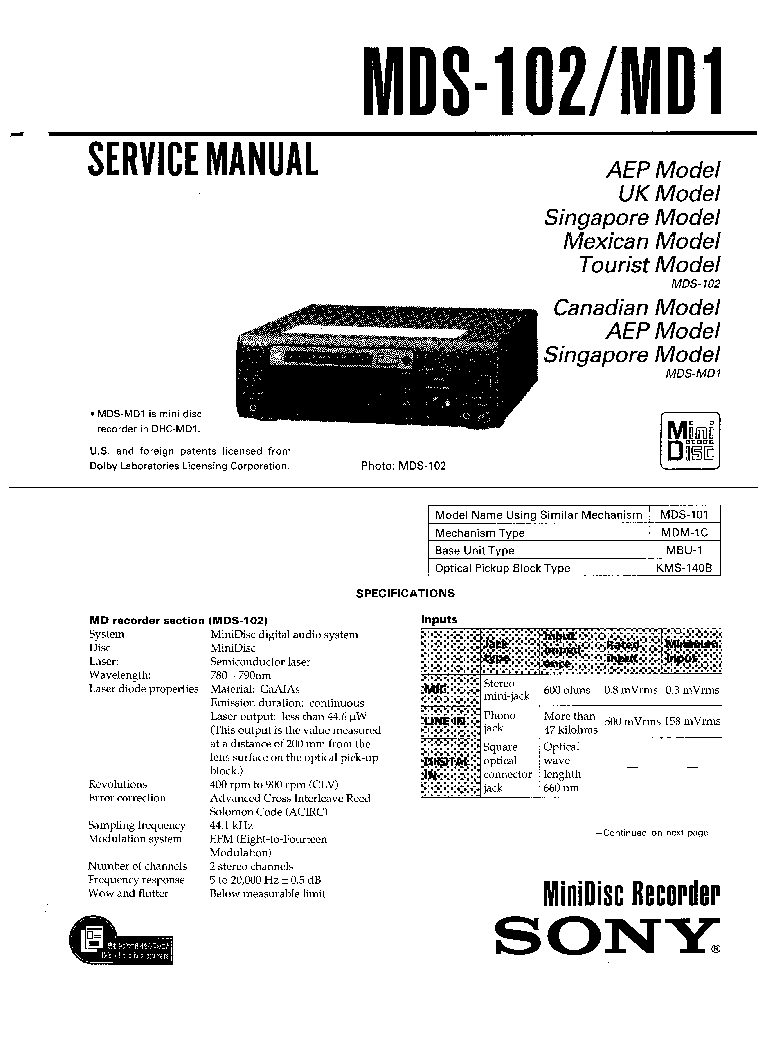 SONY MDS-102 MDS-MD1 service manual (1st page)