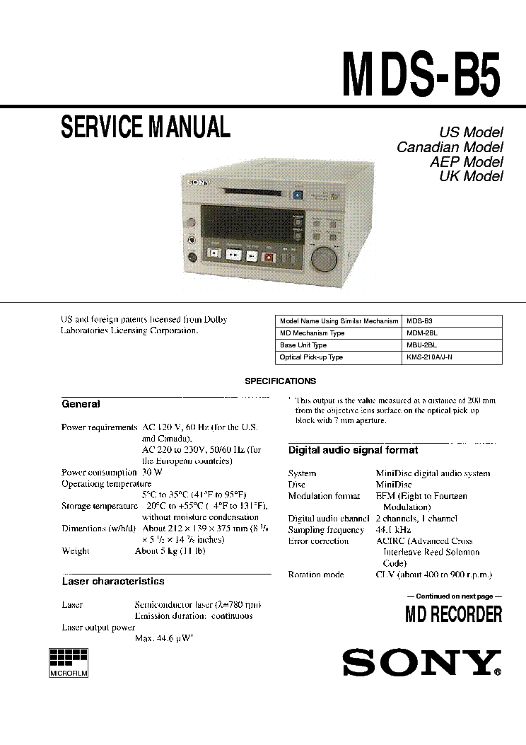 SONY MDS-B5 SM service manual (1st page)