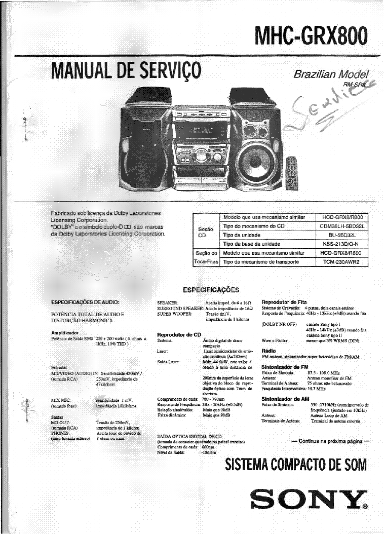 SONY MHC-GRX800 service manual (1st page)