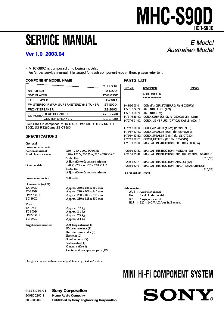 SONY MHC-S90D VER.1.0 PARTS service manual