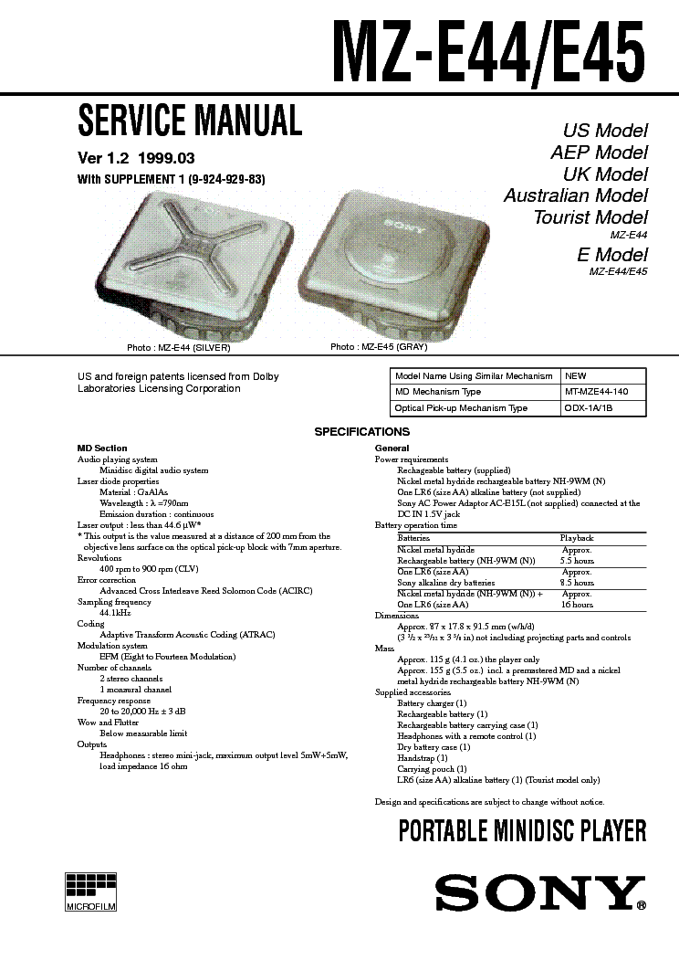 SONY MZ-E44 E45 VER1.2 service manual (1st page)