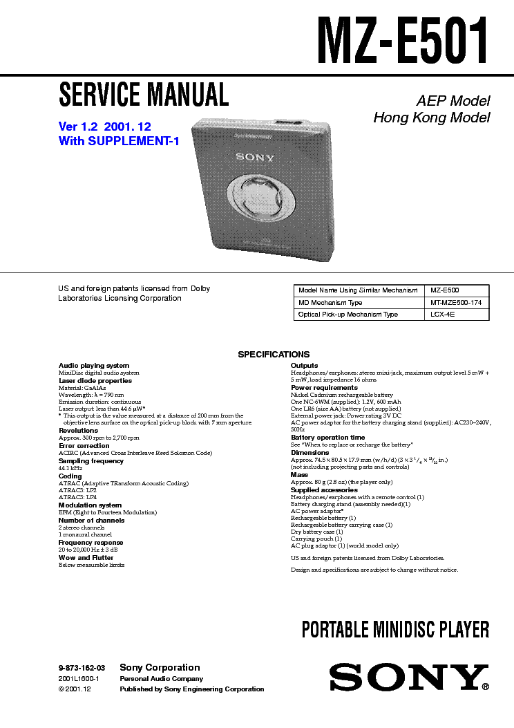 SONY MZ-E501 service manual (1st page)