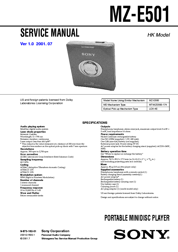 SONY MZ-E501 VER1.0 service manual (1st page)