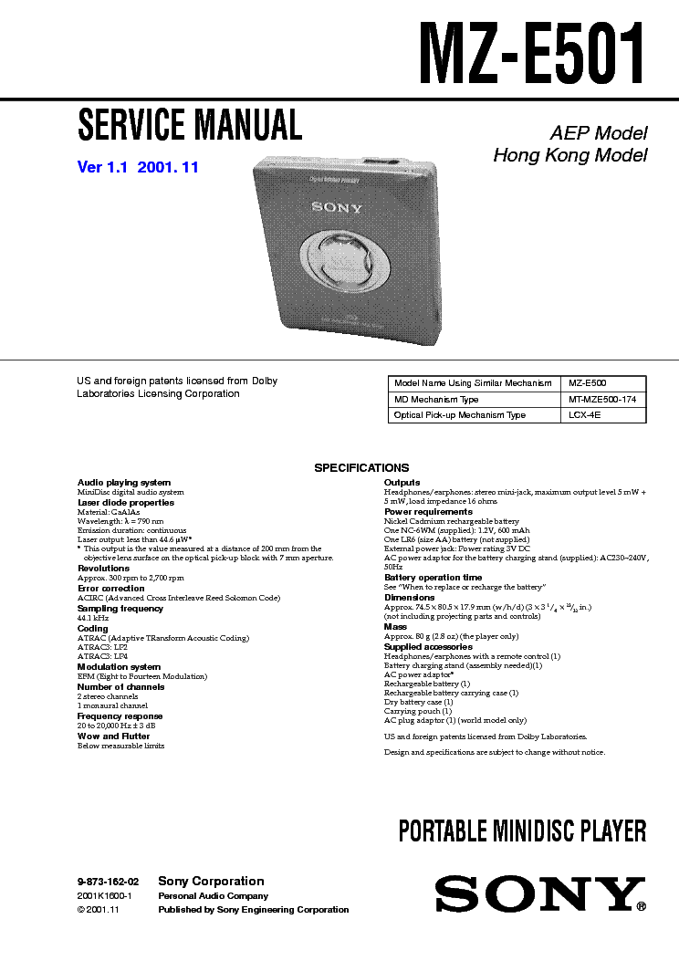 SONY MZ-E501 VER1.1 service manual (1st page)