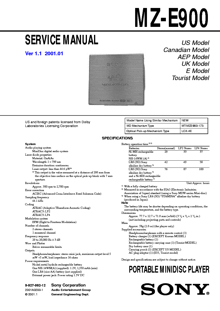 SONY MZ-E900 VER1.1 service manual (1st page)