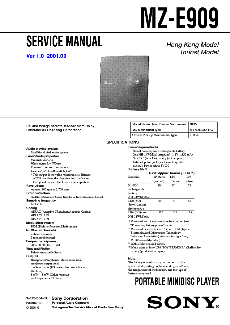 SONY MZ-E909 VER-1.0 SM service manual (1st page)