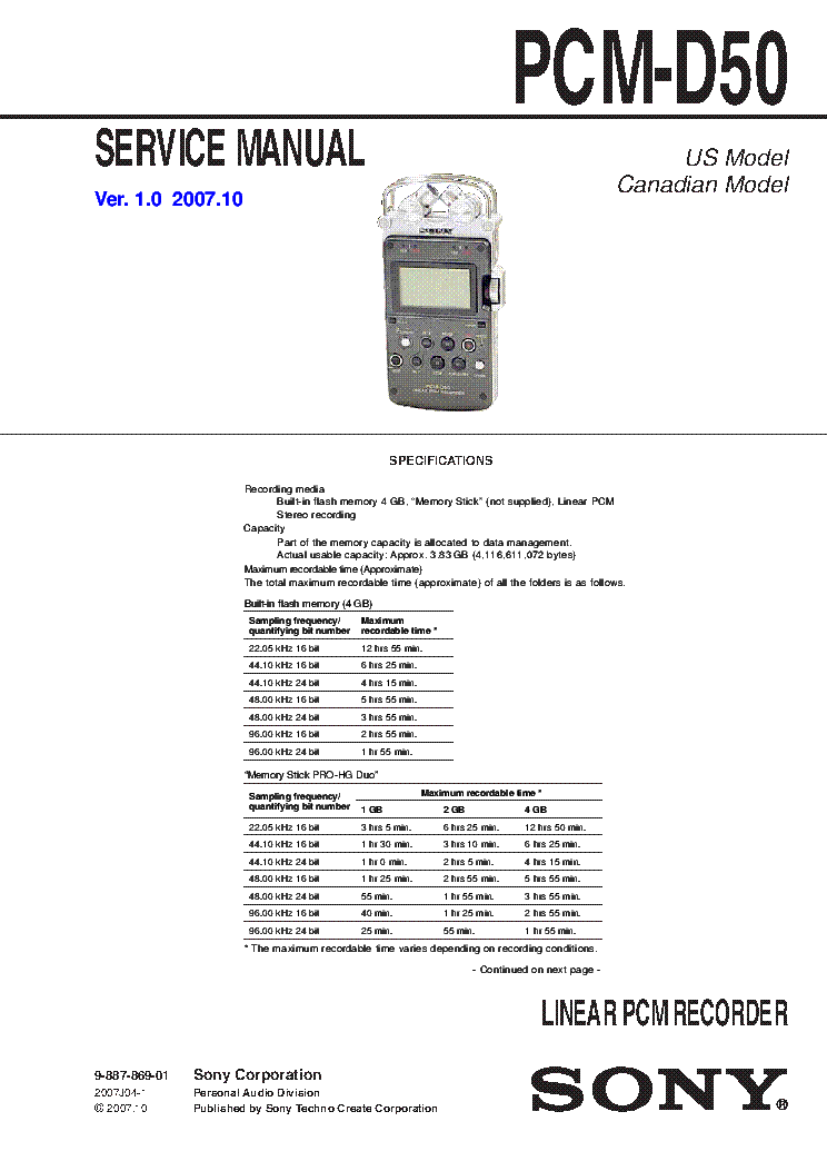 SONY PCM-D50 VER.1.0 PCM RECORDER service manual (1st page)