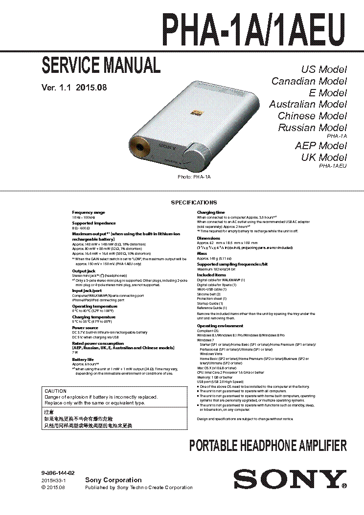 SONY PHA-1A PHA-1AEU VER.1.1 HEADPHONE AMPLIFIER Service Manual