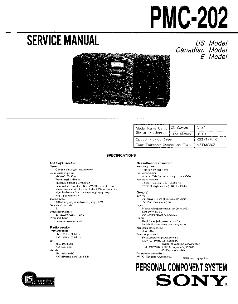 SONY PMC-202 US-MODEL service manual (1st page)