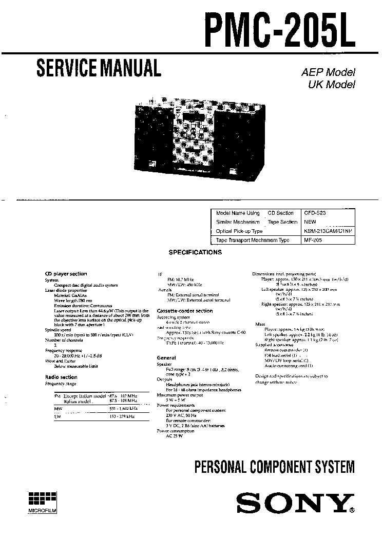 SONY PMC-205L service manual (1st page)