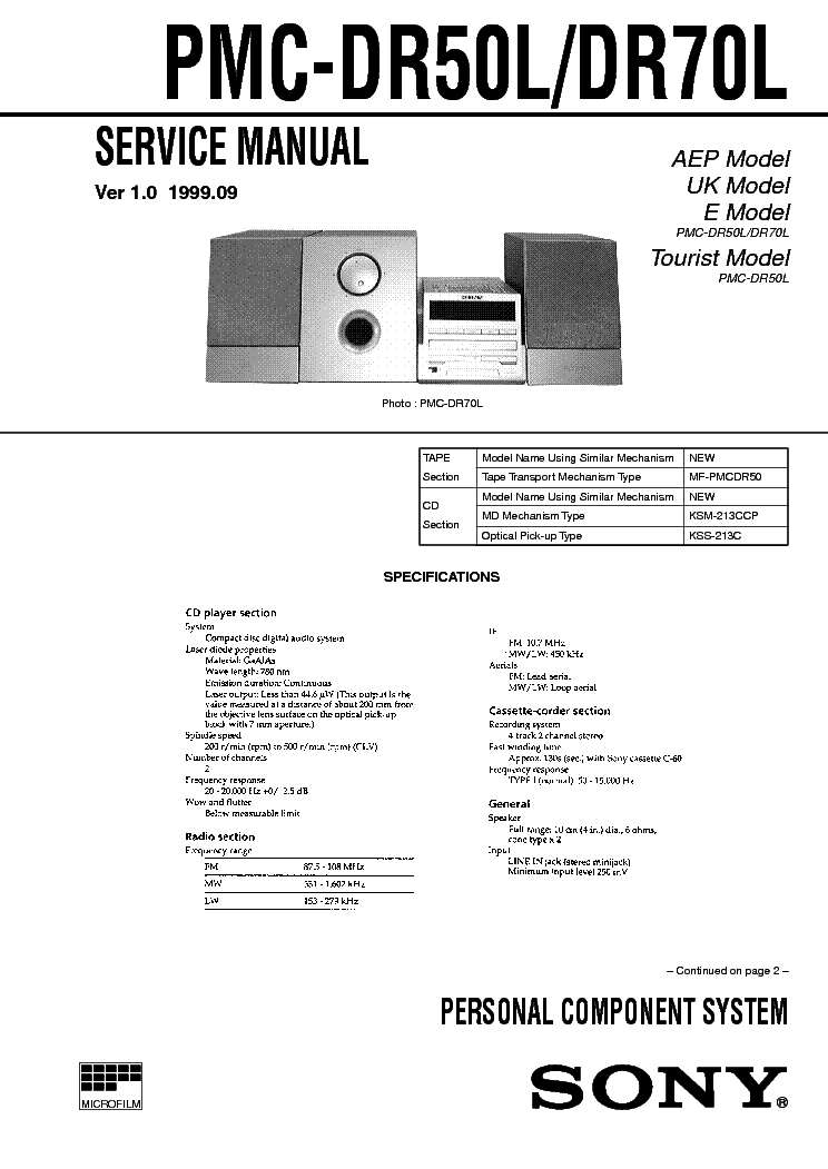 SONY PMC-DR50 70L service manual (1st page)