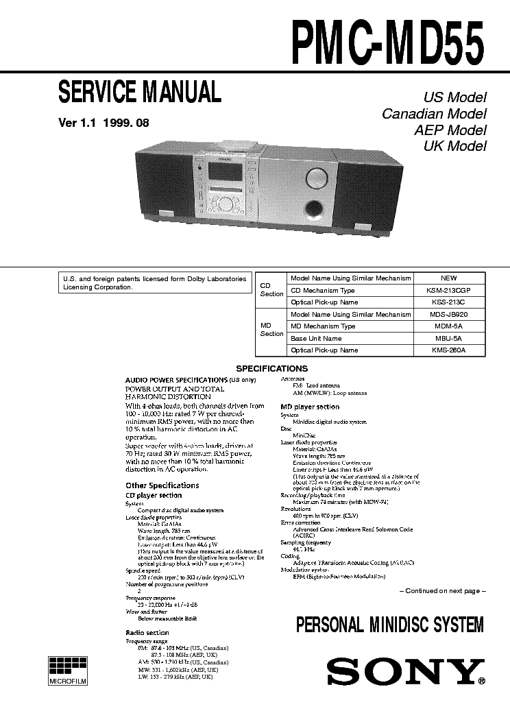 SONY PMC-MD55 service manual (1st page)