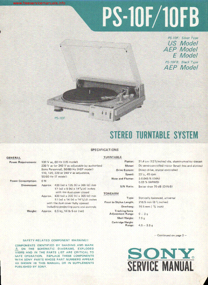 SONY PS-10F PS-10FB TURNTABLE service manual (1st page)