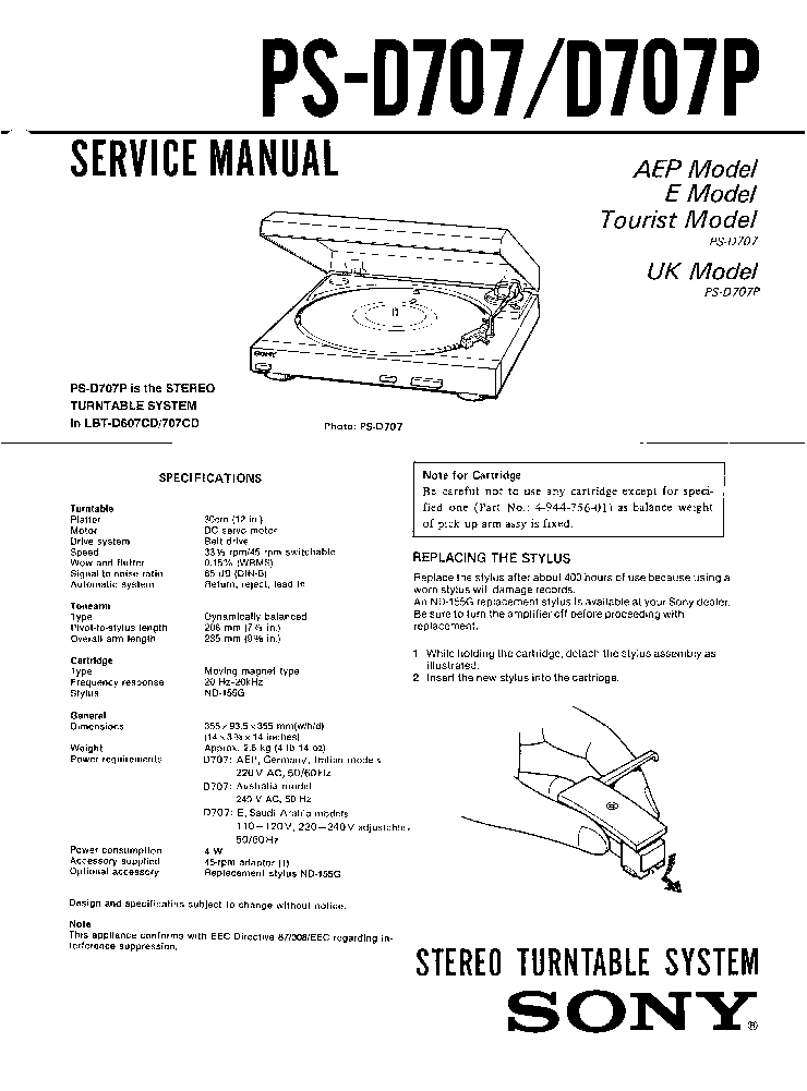 SONY PS-D707 PS-D707P TURNTABLE service manual