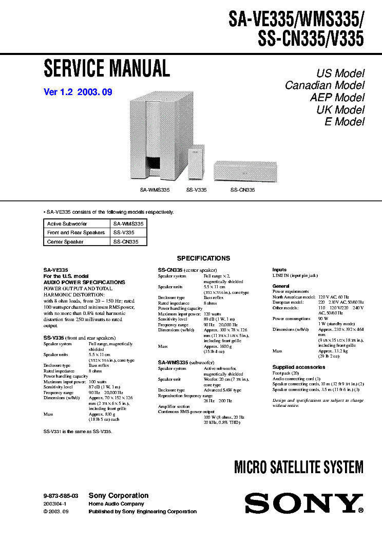 SONY SA-VE335 WMS335 SS-CN335 V335 VER.1.2 service manual (1st page)