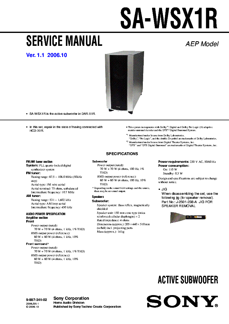 SONY SA-WSX1R VER.1.1 service manual