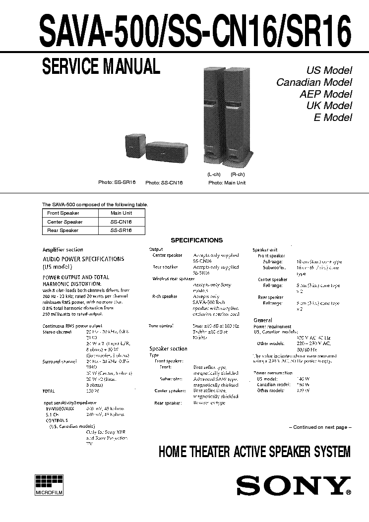 SONY SAVA-500 SS-CN16 SR16 service manual (1st page)