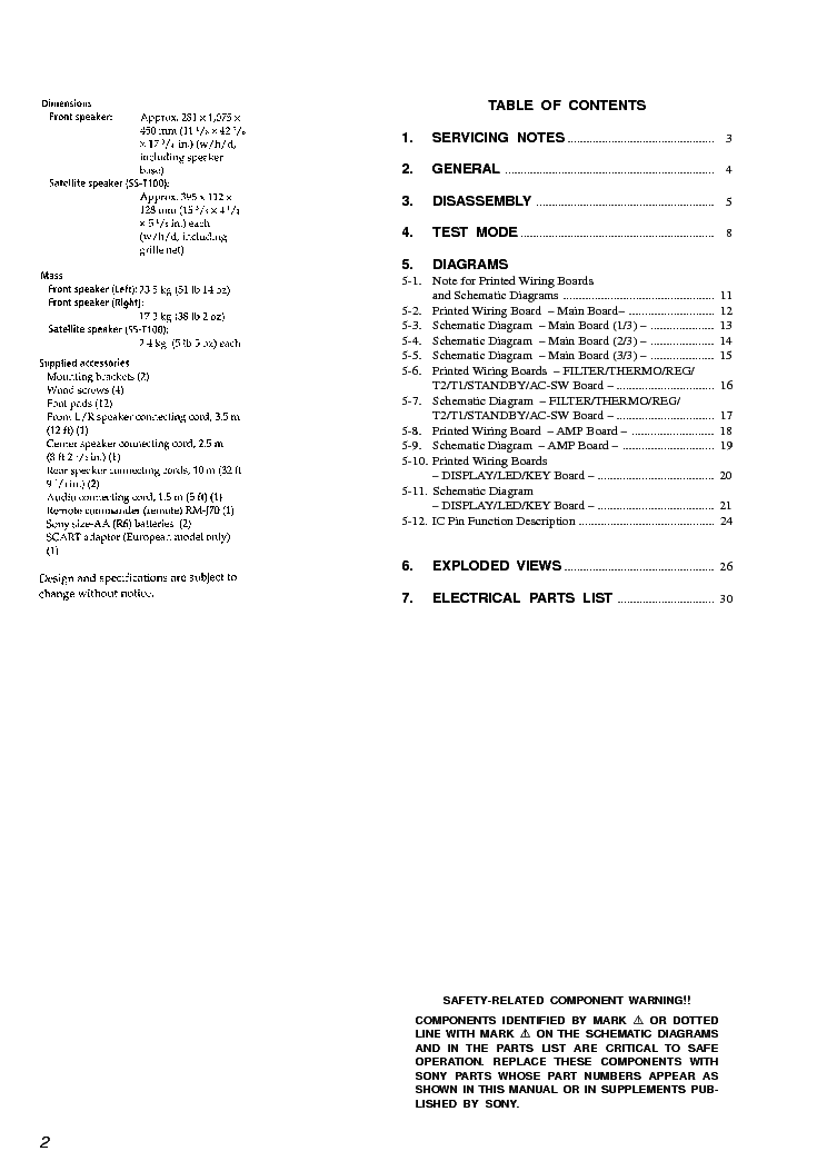 SONY SAVA-700 SS-T100 service manual (2nd page)