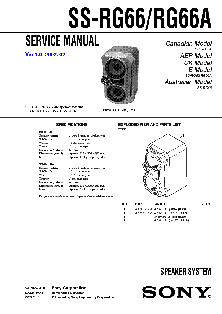 SONY SS-RG66 RG66A service manual (1st page)