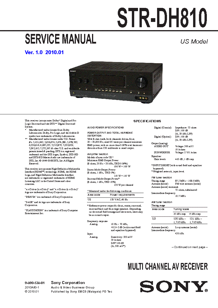 SONY STR-DH810 VER-1.0 SM Service Manual download, schematics, eeprom