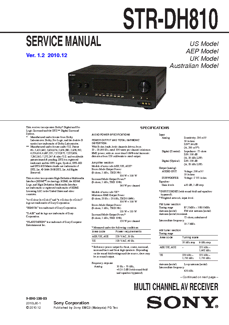 SONY STR-DH810 VER1.2 Service Manual download, schematics, eeprom