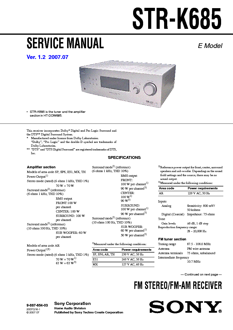 SONY STR-K685 service manual (1st page)