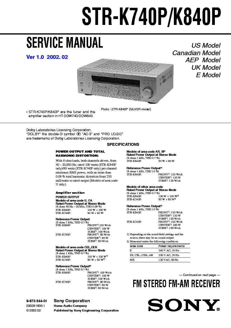 SONY STR-K740P K840P service manual (1st page)